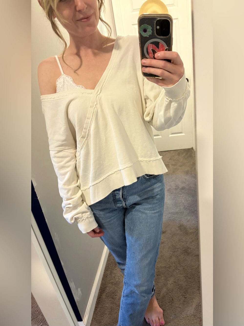 Z Supply Light Cream V-Neck Crossfront Sweatshirt